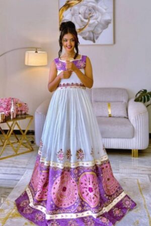 Zuria Habesha Kemis – White with Pink Tibeb (Style 2) – Azmarino Fashion Boutique