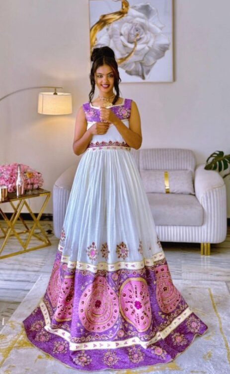 Zuria Habesha Kemis – White with Pink Tibeb (Style 2) – Azmarino Fashion Boutique