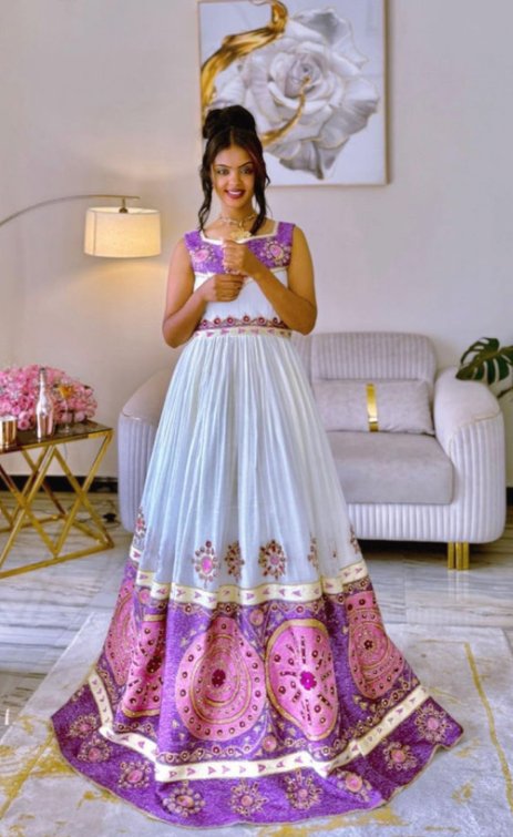 Zuria Habesha Kemis – White with Pink Tibeb (Style 2) – Azmarino Fashion Boutique