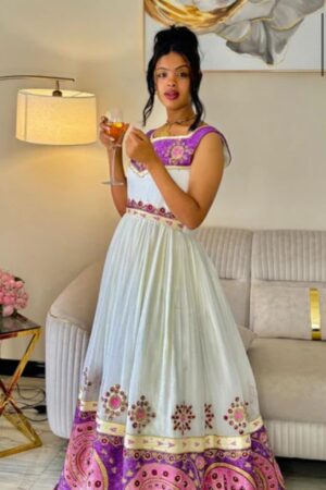 Zuria Habesha Kemis – White with Pink Tibeb (Style 2) – Azmarino Fashion Boutique – view 2