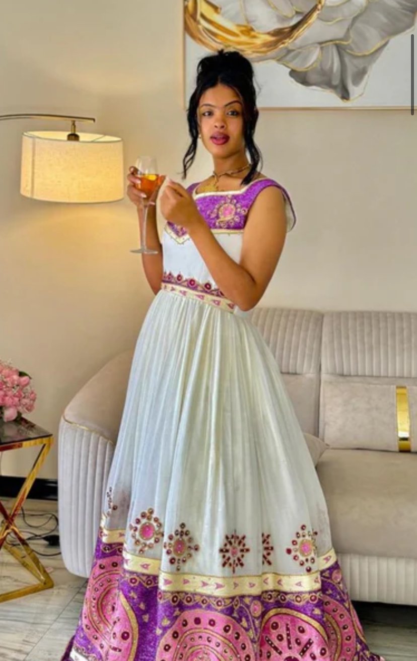 Zuria Habesha Kemis – White with Pink Tibeb (Style 2) – Azmarino Fashion Boutique – view 2
