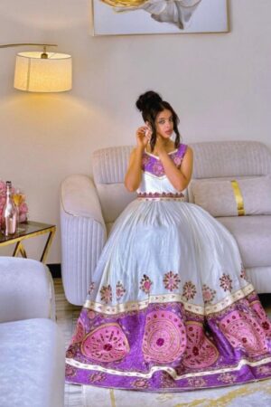 Zuria Habesha Kemis – White with Pink Tibeb (Style 2) – Azmarino Fashion Boutique – view 3