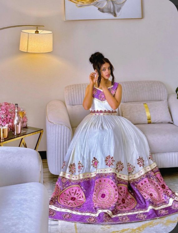 Zuria Habesha Kemis – White with Pink Tibeb (Style 2) – Azmarino Fashion Boutique – view 3