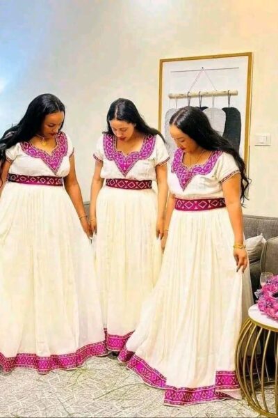 Zuria Habesha Kemis – White with Pink Tibeb (Style 3)