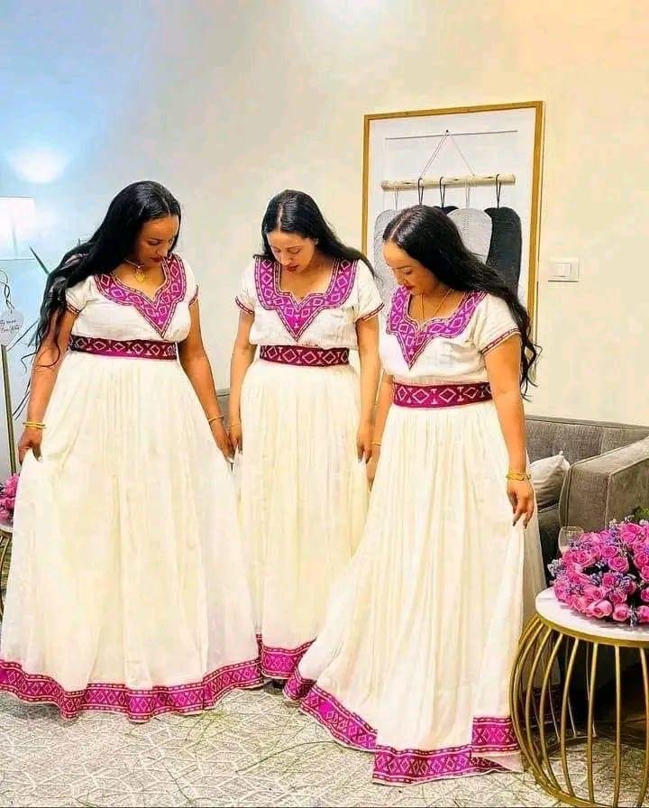 Zuria Habesha Kemis – White with Pink Tibeb (Style 3) – Azmarino Fashion Boutique