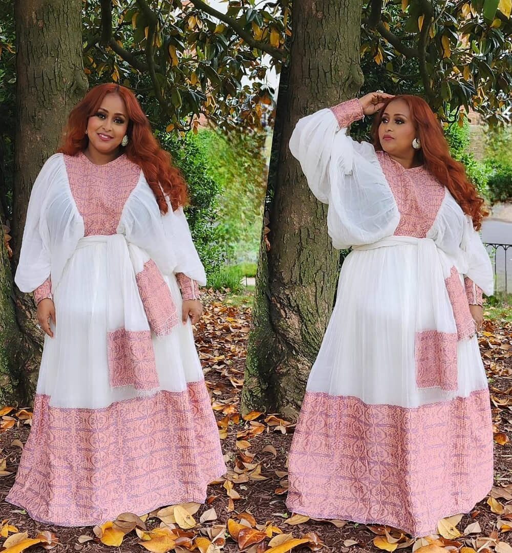 Zuria Habesha Kemis – White with Pink Tibeb (Style 4) – Azmarino Fashion Boutique