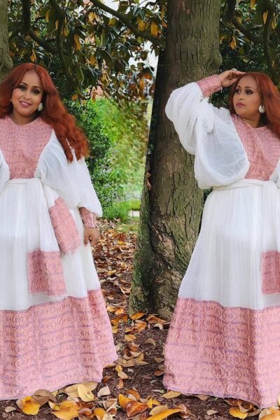 Zuria Habesha Kemis – White with Pink Tibeb (Style 4)