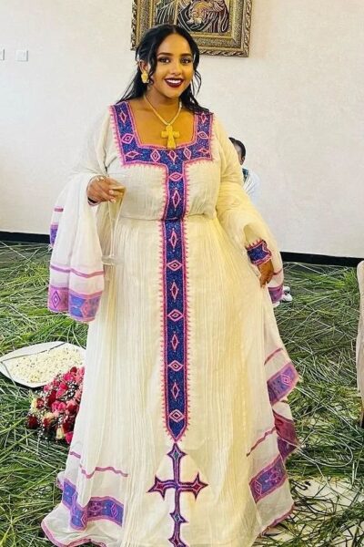 Zuria Habesha Kemis – White with Purple & Gold Tibeb