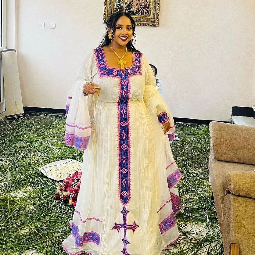 Zuria Habesha Kemis – White with Purple & Gold Tibeb – Azmarino Fashion Boutique