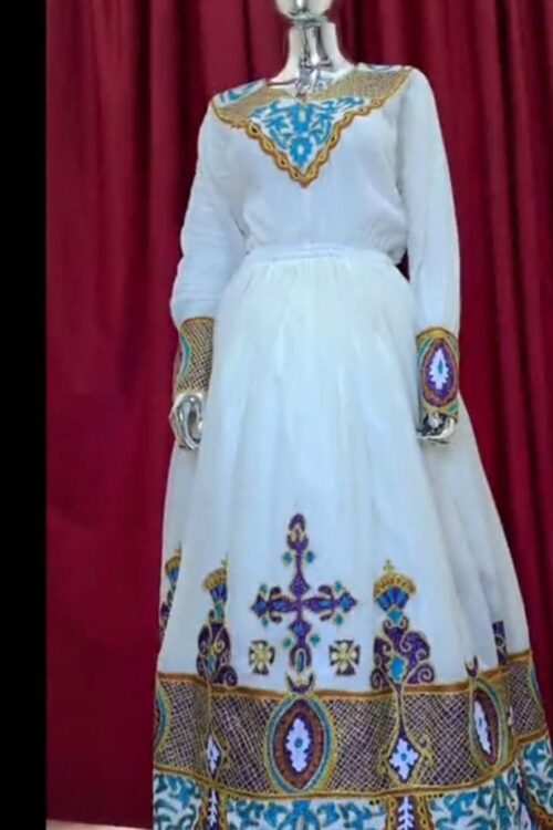 Zuria Habesha Kemis – White with Purple Cross Tibeb – Azmarino Fashion Boutique
