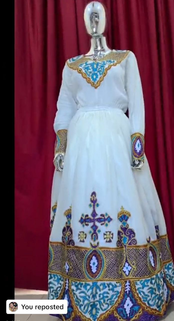 Zuria Habesha Kemis – White with Purple Cross Tibeb – Azmarino Fashion Boutique