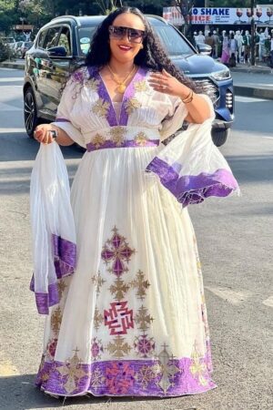 Zuria Habesha Kemis – White with Purple Tibeb (Style 1) – Azmarino Fashion Boutique