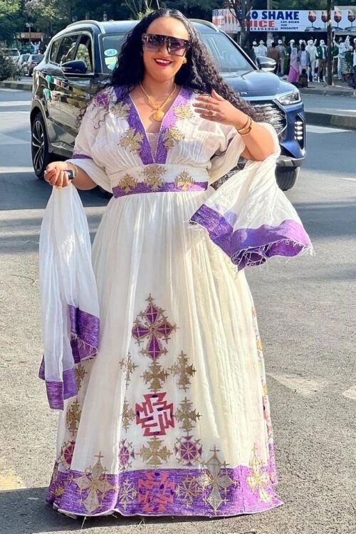 Zuria Habesha Kemis – White with Purple Tibeb (Style 1) – Azmarino Fashion Boutique