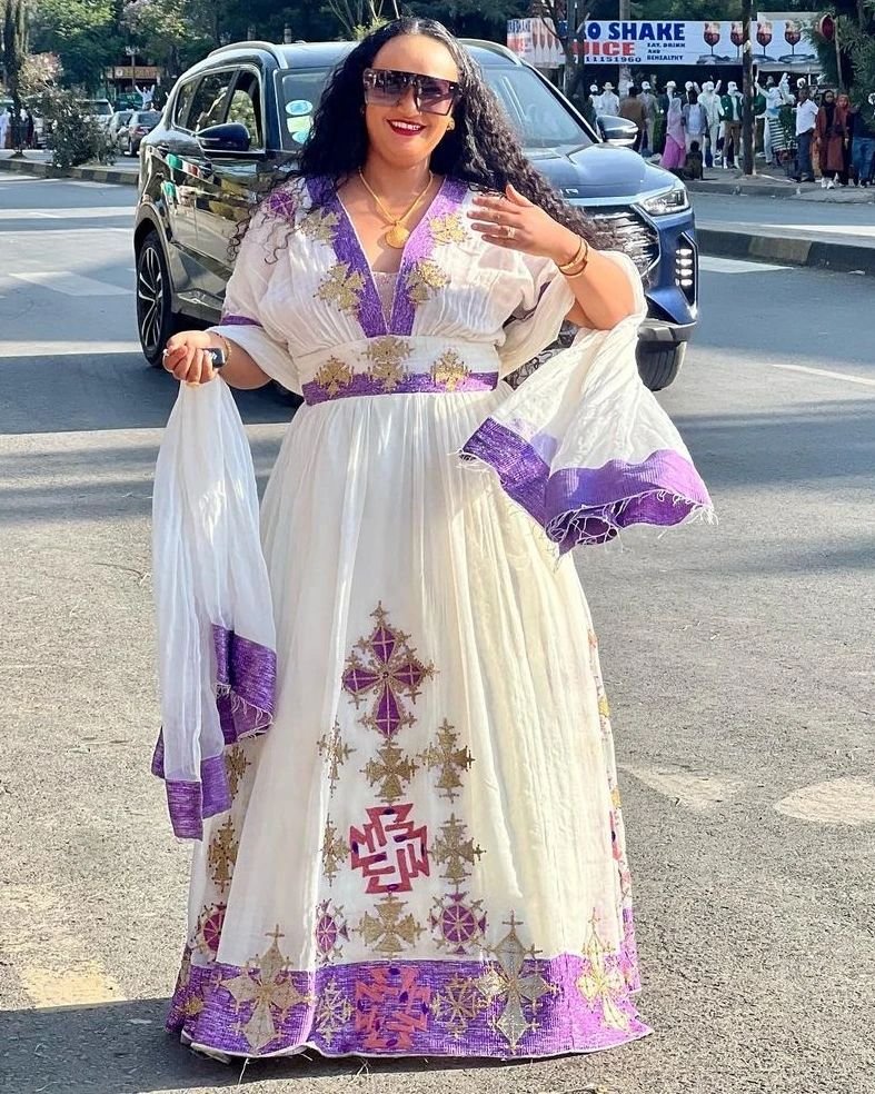 Zuria Habesha Kemis – White with Purple Tibeb (Style 1) – Azmarino Fashion Boutique