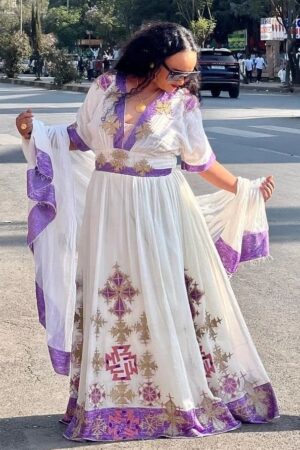 Zuria Habesha Kemis – White with Purple Tibeb (Style 1) – Azmarino Fashion Boutique – view 2