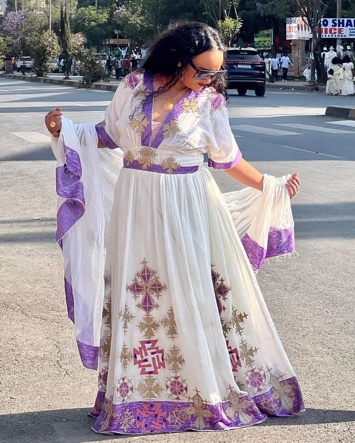 Zuria Habesha Kemis – White with Purple Tibeb (Style 1) – Azmarino Fashion Boutique – view 2