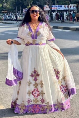 Zuria Habesha Kemis – White with Purple Tibeb (Style 1) – Azmarino Fashion Boutique – view 3
