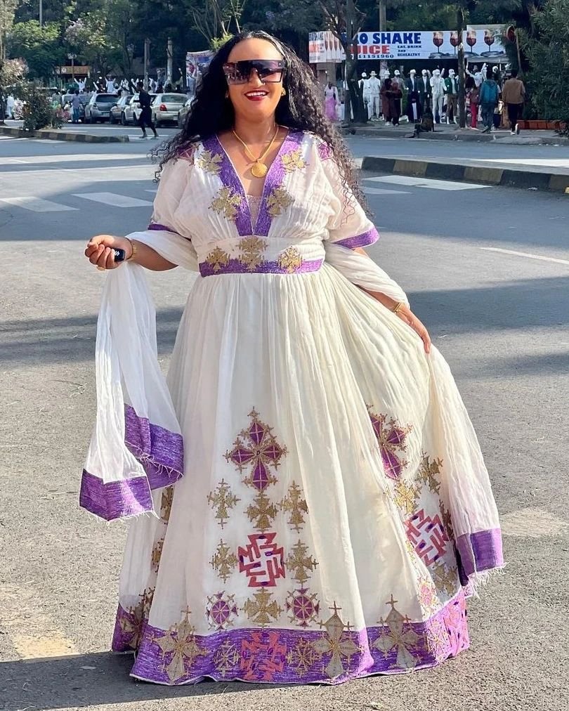 Zuria Habesha Kemis – White with Purple Tibeb (Style 1) – Azmarino Fashion Boutique – view 3