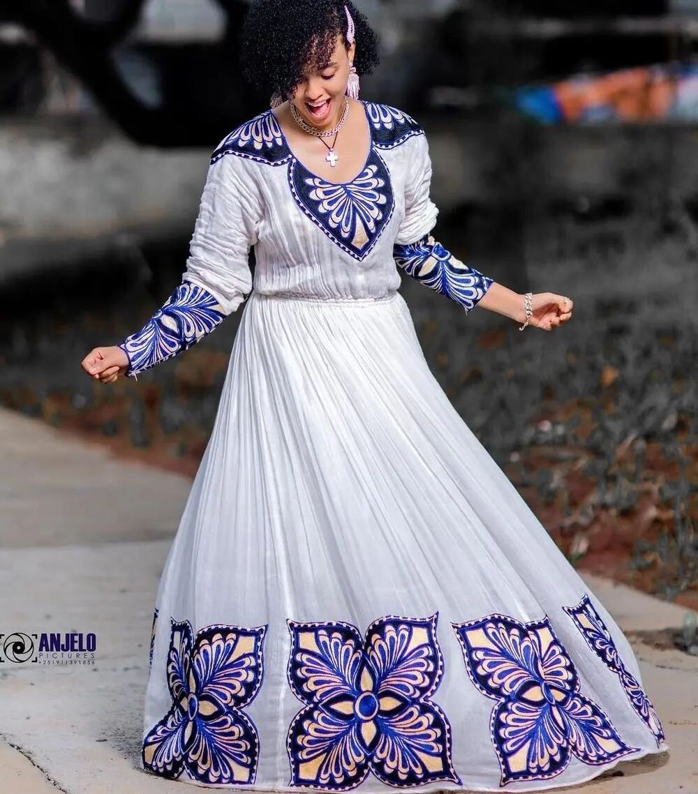 Zuria Habesha Kemis – White with Purple Tibeb (Style 2) – Azmarino Fashion Boutique