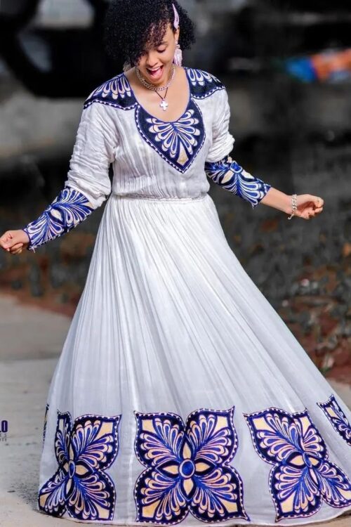 Zuria Habesha Kemis – White with Purple Tibeb (Style 2) – Azmarino Fashion Boutique