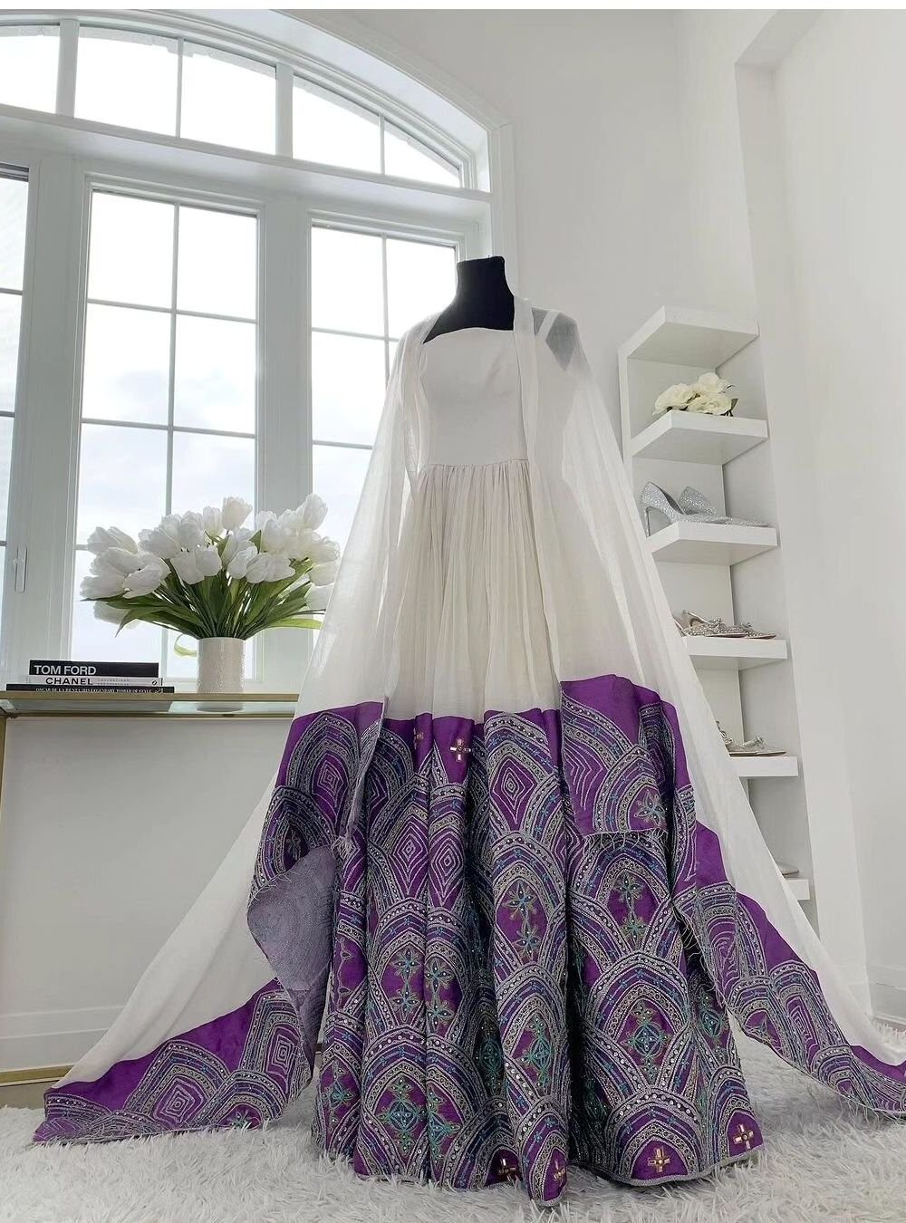 Zuria Habesha Kemis – White with Purple Tibeb (Style 3) – Azmarino Fashion Boutique