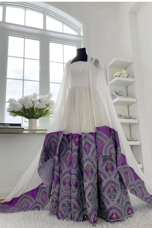 Zuria Habesha Kemis – White with Purple Tibeb (Style 3) – Azmarino Fashion Boutique