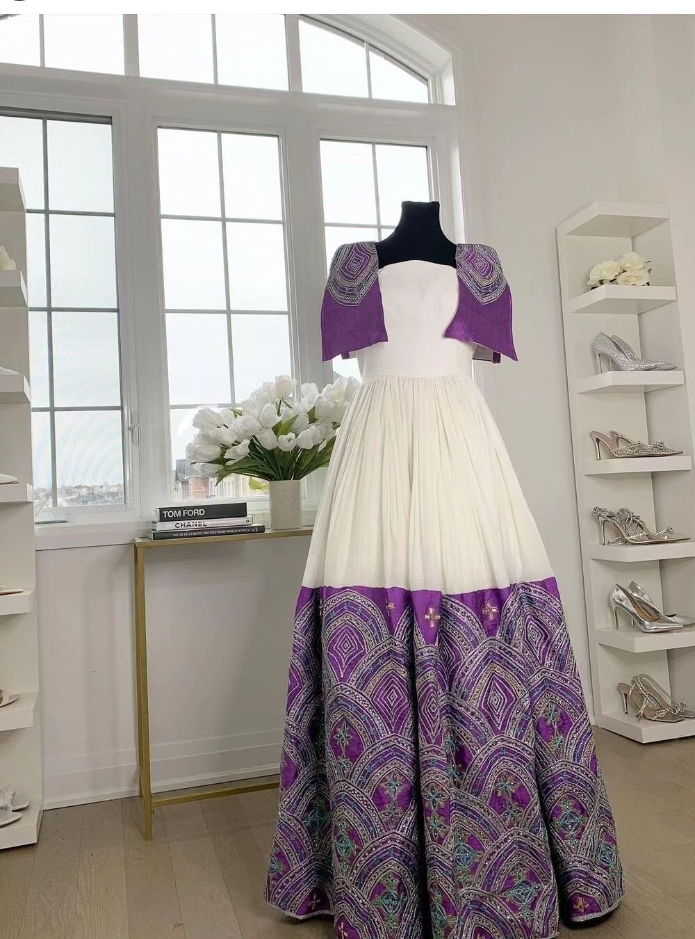 Zuria Habesha Kemis – White with Purple Tibeb (Style 3) – Azmarino Fashion Boutique – view 2