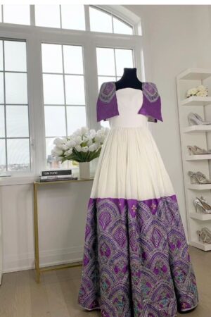 Zuria Habesha Kemis – White with Purple Tibeb (Style 3) – Azmarino Fashion Boutique – view 2