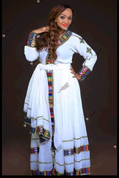 Zuria Habesha Kemis – White with Purple Tibeb (Style 4)