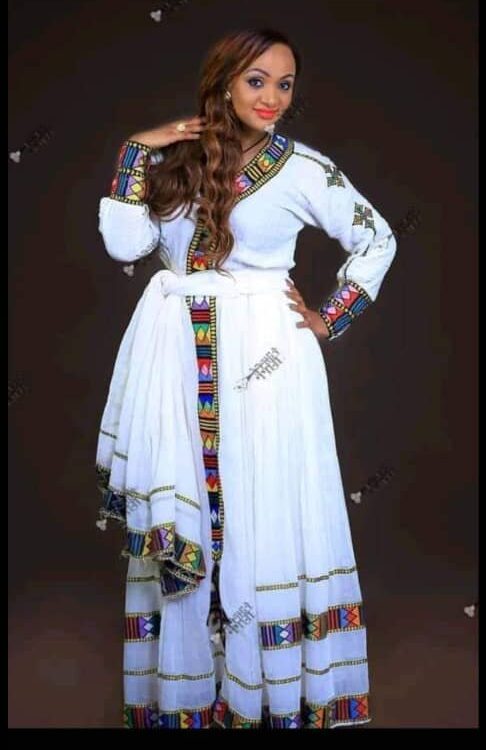 Zuria Habesha Kemis – White with Purple Tibeb (Style 4) – Azmarino Fashion Boutique