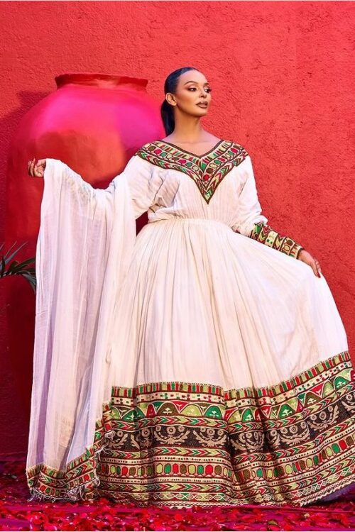 Zuria Habesha Kemis – White with Red & Black Tibeb – Azmarino Fashion Boutique