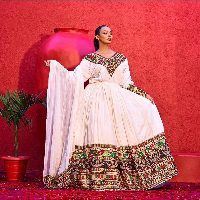 Zuria Habesha Kemis – White with Red & Black Tibeb – Azmarino Fashion Boutique