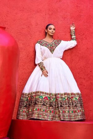 Zuria Habesha Kemis – White with Red & Black Tibeb – Azmarino Fashion Boutique – view 2