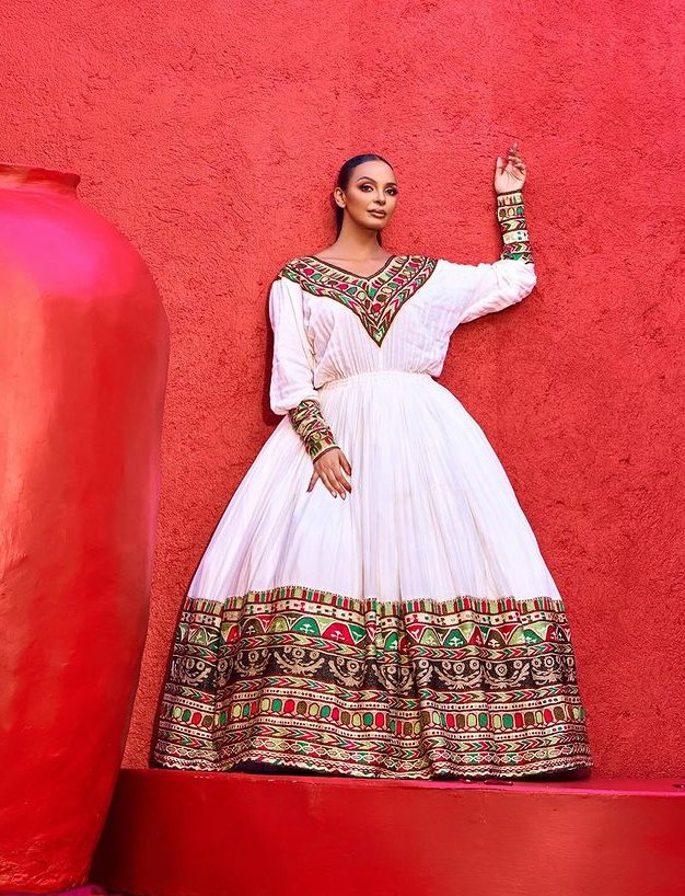 Zuria Habesha Kemis – White with Red & Black Tibeb – Azmarino Fashion Boutique – view 2