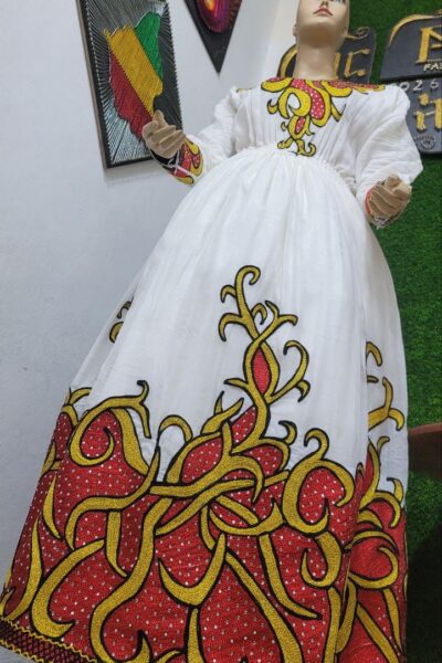 Zuria Habesha Kemis – White with Red & Gold Swirl Tibeb