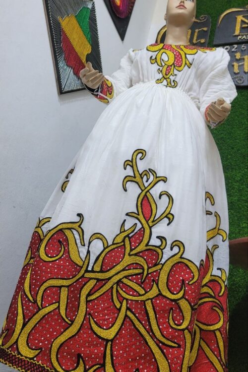 Zuria Habesha Kemis – White with Red & Gold Swirl Tibeb – Azmarino Fashion Boutique