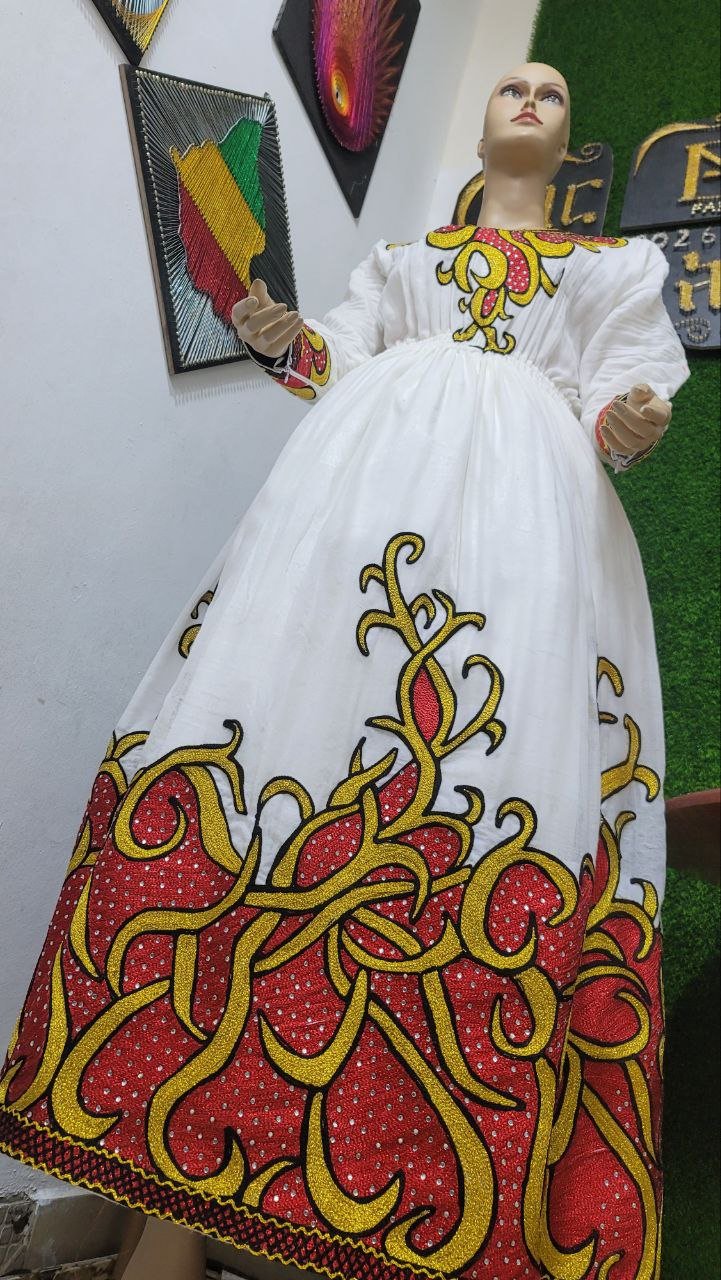 Zuria Habesha Kemis – White with Red & Gold Swirl Tibeb – Azmarino Fashion Boutique
