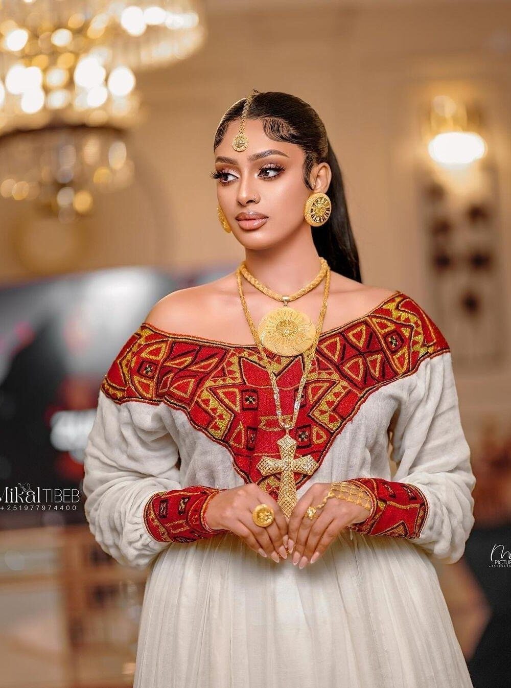 Zuria Habesha Kemis – White with Red & Gold Tibeb (Style 1) – Azmarino Fashion Boutique