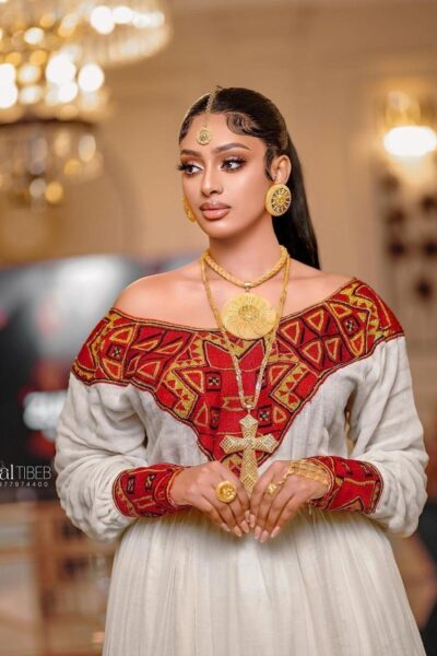 Zuria Habesha Kemis – White with Red & Gold Tibeb (Style 1)