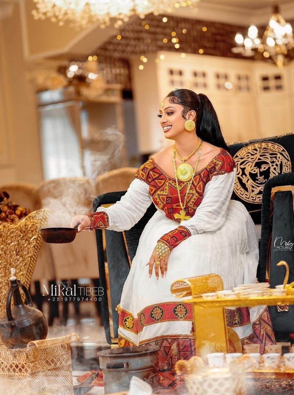 Zuria Habesha Kemis – White with Red & Gold Tibeb (Style 1) – Azmarino Fashion Boutique – view 2