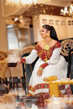 Zuria Habesha Kemis – White with Red & Gold Tibeb (Style 1) – Azmarino Fashion Boutique – view 2