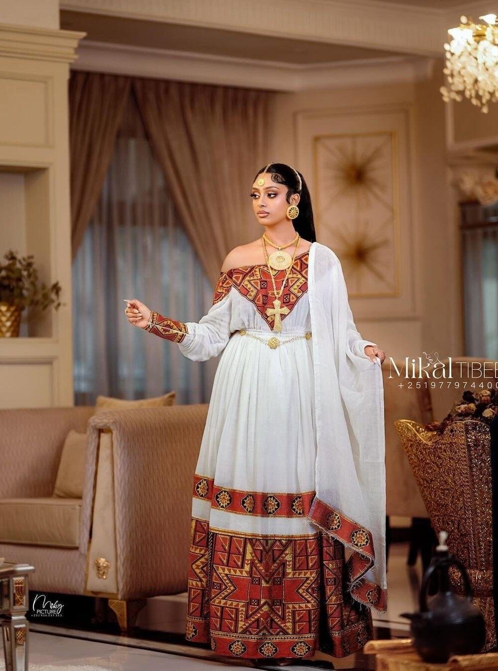 Zuria Habesha Kemis – White with Red & Gold Tibeb (Style 1) – Azmarino Fashion Boutique – view 3