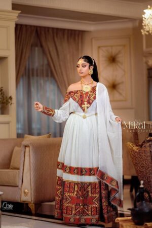 Zuria Habesha Kemis – White with Red & Gold Tibeb (Style 1) – Azmarino Fashion Boutique – view 3