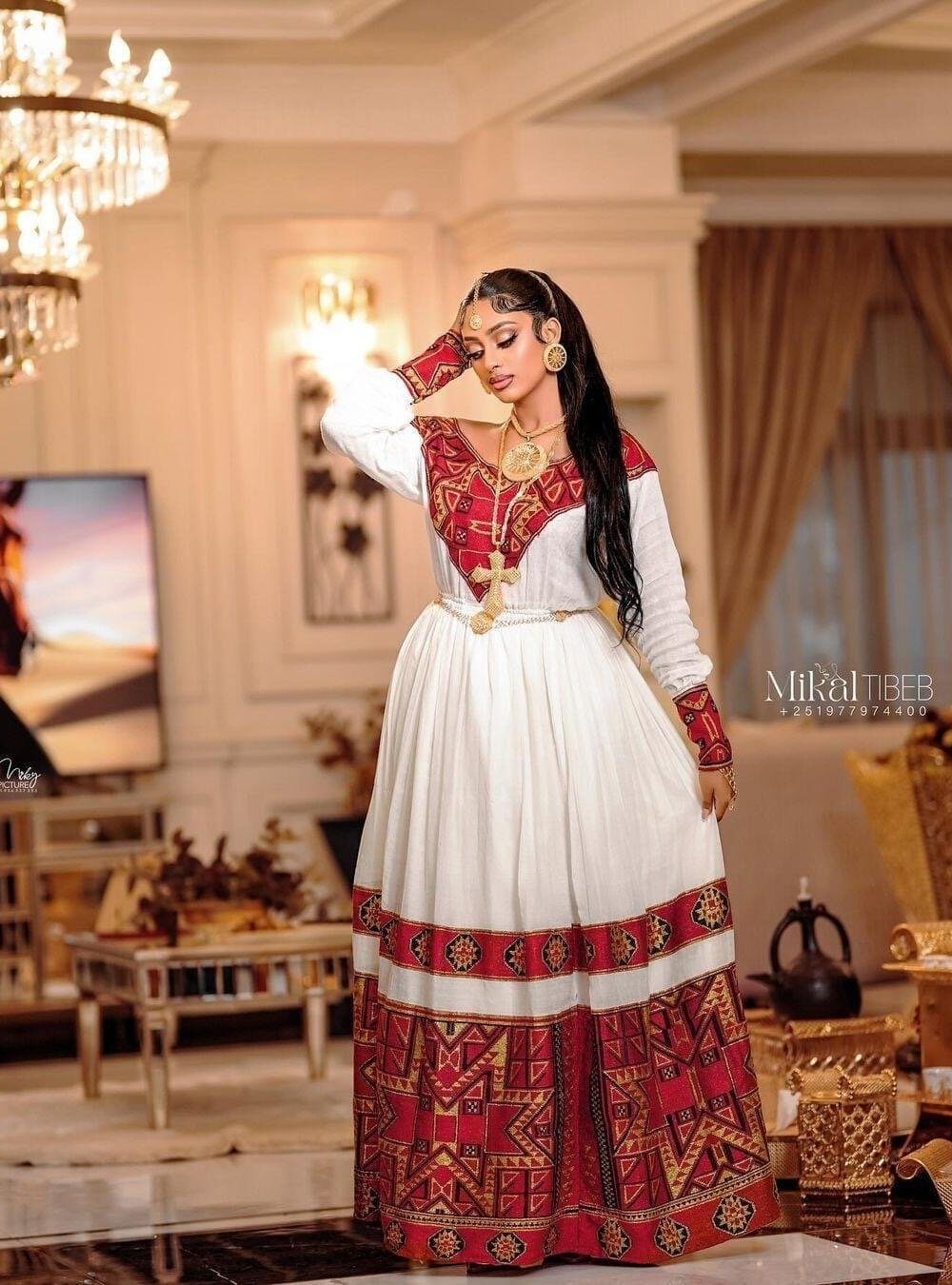 Zuria Habesha Kemis – White with Red & Gold Tibeb (Style 1) – Azmarino Fashion Boutique – view 4