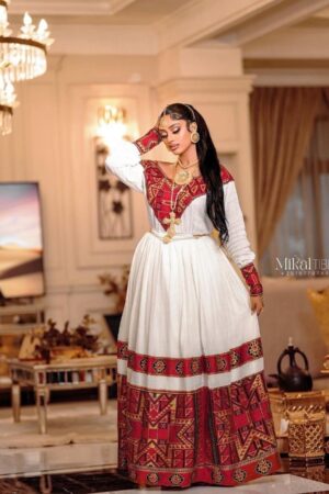 Zuria Habesha Kemis – White with Red & Gold Tibeb (Style 1) – Azmarino Fashion Boutique – view 4