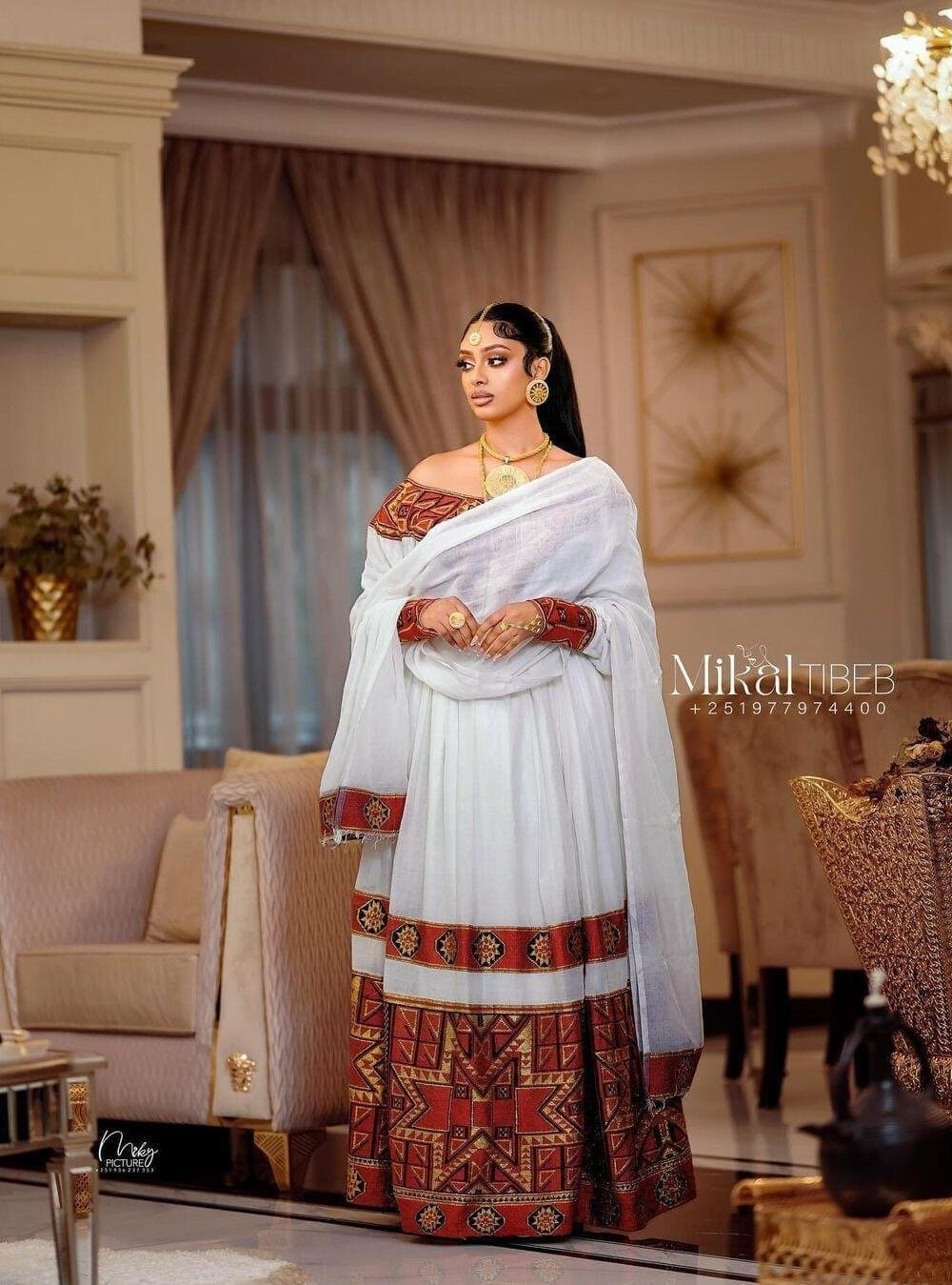 Zuria Habesha Kemis – White with Red & Gold Tibeb (Style 1) – Azmarino Fashion Boutique – view 5