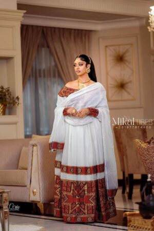 Zuria Habesha Kemis – White with Red & Gold Tibeb (Style 1) – Azmarino Fashion Boutique – view 5