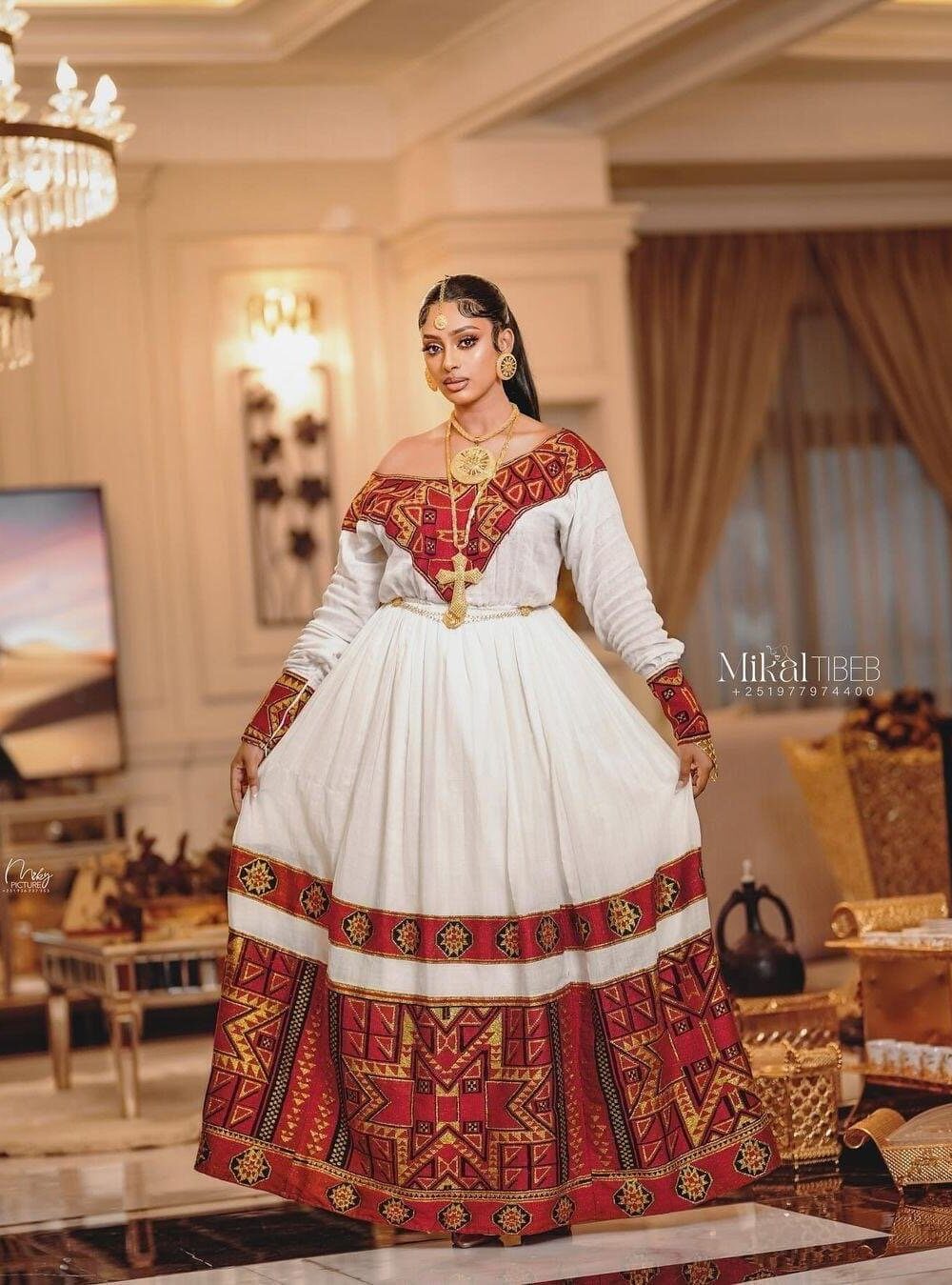 Zuria Habesha Kemis – White with Red & Gold Tibeb (Style 1) – Azmarino Fashion Boutique – view 6
