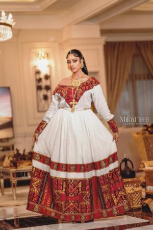 Zuria Habesha Kemis – White with Red & Gold Tibeb (Style 1) – Azmarino Fashion Boutique – view 6