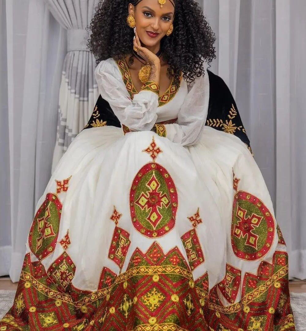 Zuria Habesha Kemis – White with Red & Gold Tibeb (Style 2) – Azmarino Fashion Boutique